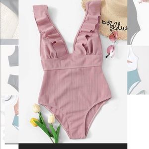 Pink ruffle swim suit one piece shein xlarge
